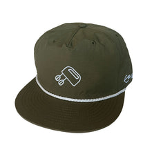 Load image into Gallery viewer, Forest Green Rope Cap with white with Tjing Ambassador Elvis Eriksson Sveiven&#39;s personal logo embroidery on the front panel and signature on the side rim.
