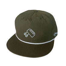 Load image into Gallery viewer, Forest Green Rope Cap with white with Tjing Ambassador Elvis Eriksson Sveiven's personal logo embroidery on the front panel and signature on the side rim.