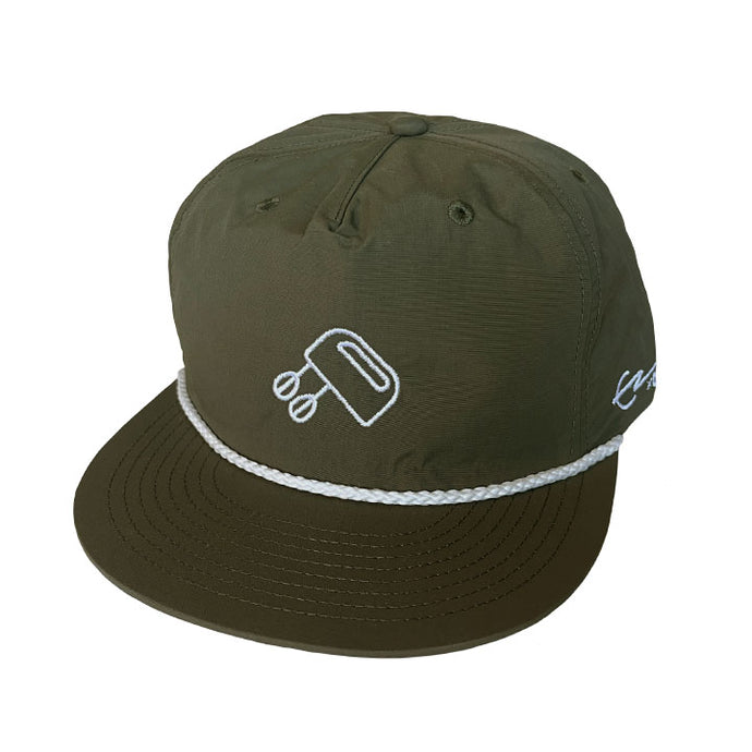 Forest Green Rope Cap with white with Tjing Ambassador Elvis Eriksson Sveiven's personal logo embroidery on the front panel and signature on the side rim.