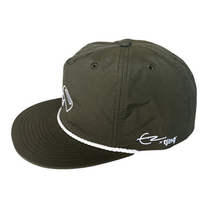 Forest Green Rope Cap with white with Tjing Ambassador Elvis Eriksson Sveiven's personal logo embroidery on the front panel and signature on the side rim.