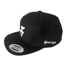 Load image into Gallery viewer, Black hat with white with Tjing Ambassador Hjalmar Fredriksson's personal logo embroidery on the front panel and signature on the side rim. Snapback enclosure at the back – one size fits most.